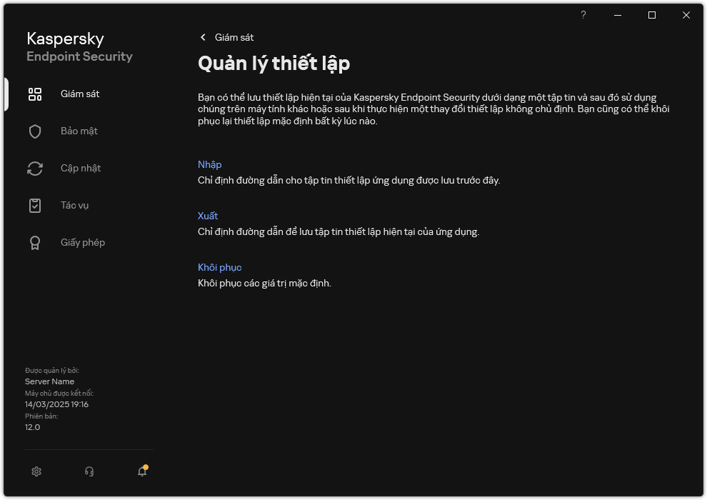 Cửa sổ thiết lập loại trừ. Người dùng có thể xuất, nhập hoặc khôi phục thiết lập ứng dụng.