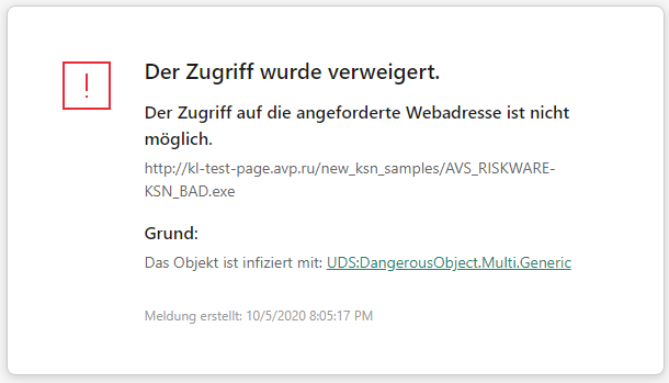 Kaspersky-Benachrichtigung: Das Laden eines schädlichen Objekts im Browserfenster wurde verhindert.