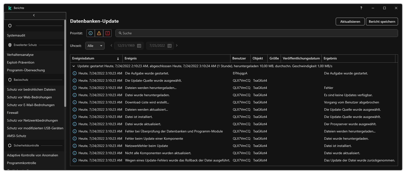 Ein Fenster mit der Ereignisliste im Bericht. Der Benutzer kann Ereignisse filtern bzw. sortieren und Berichte in einer Datei speichern.