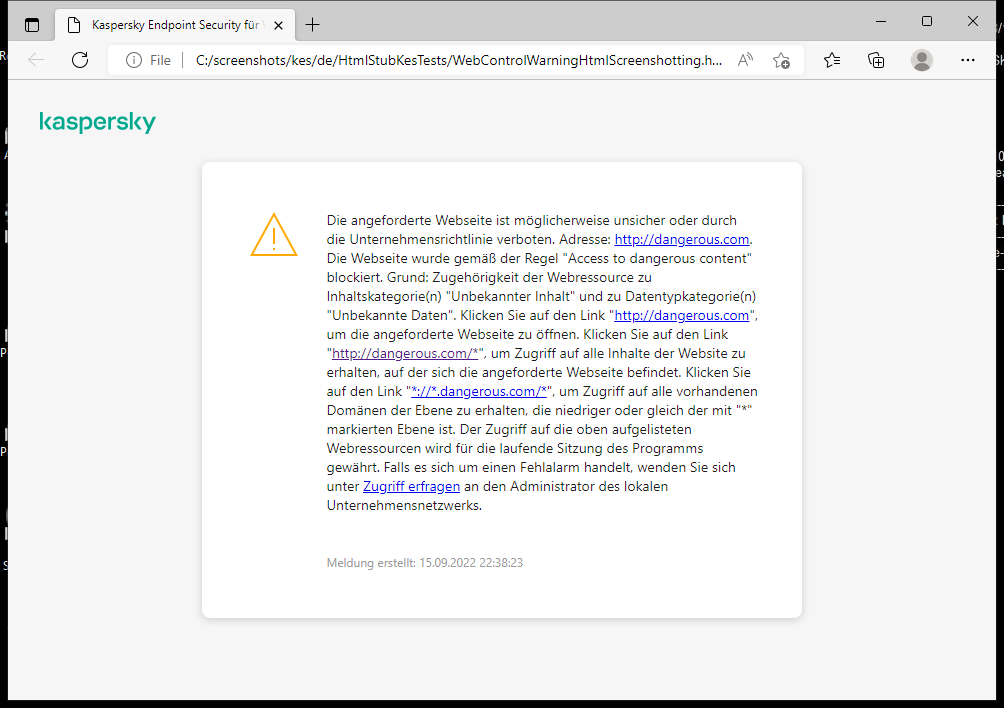 Kaspersky-Benachrichtigung: Besuch einer möglicherweise unsicheren Webseite im Browserfenster. Der Benutzer kann eine Zugriffsanfrage für die Webressource erstellen.