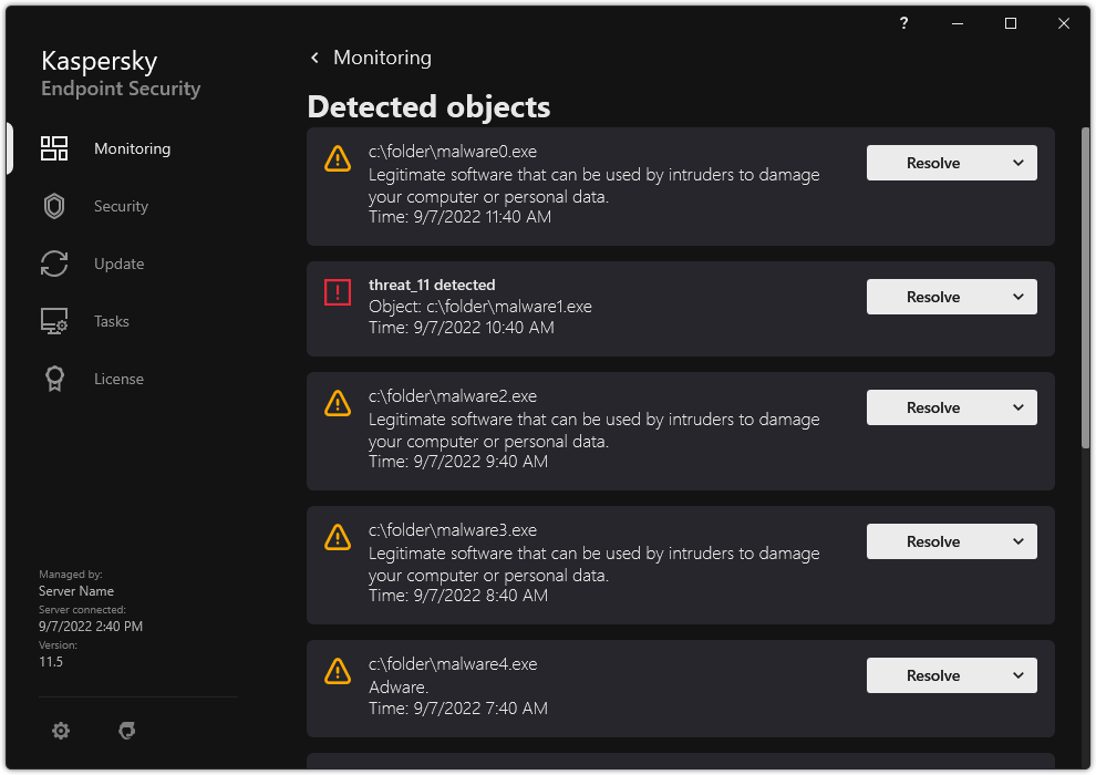 A window with the list of detected objects. Information about the object is displayed. The user can resolve or remove the object.