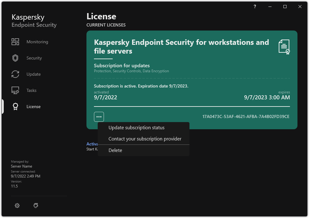 The window with information about the license. The user can update the subscription status, contact subscription provider, or remove the license.