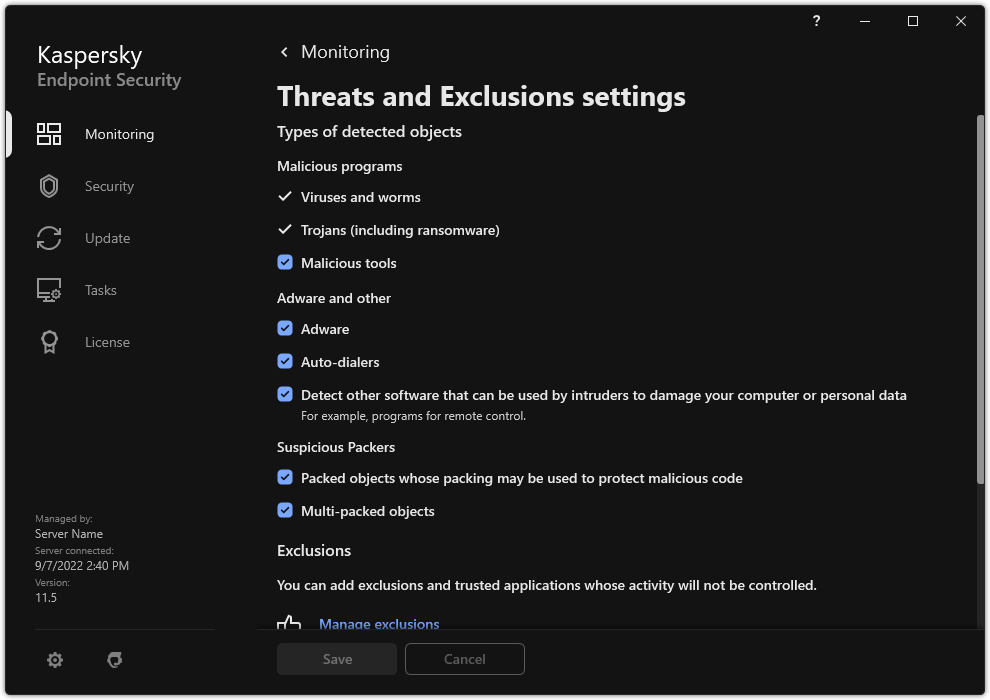 Exclusion settings window. The user can select types of detected objects and add objects to exclusions.