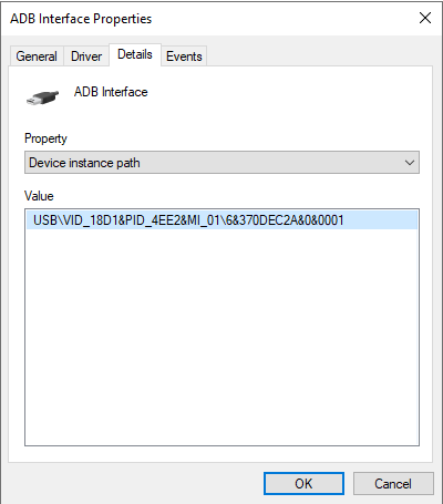ADB device properties window in Device Manager.