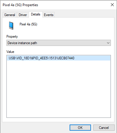 Portable device (MTP) properties window in Device Manager.