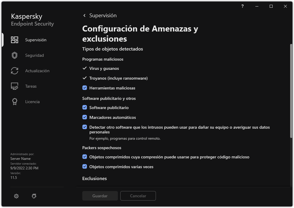 Ventana de configuración de exclusiones. El usuario puede seleccionar tipos de objetos detectados y añadir objetos a exclusiones.