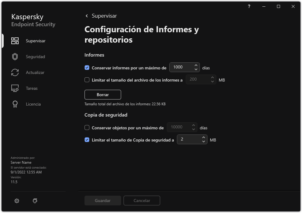Ventana Configuración de informes y repositorios. El usuario puede establecer el tamaño y limitar el tiempo de almacenamiento de informes y objetos en el repositorio.
