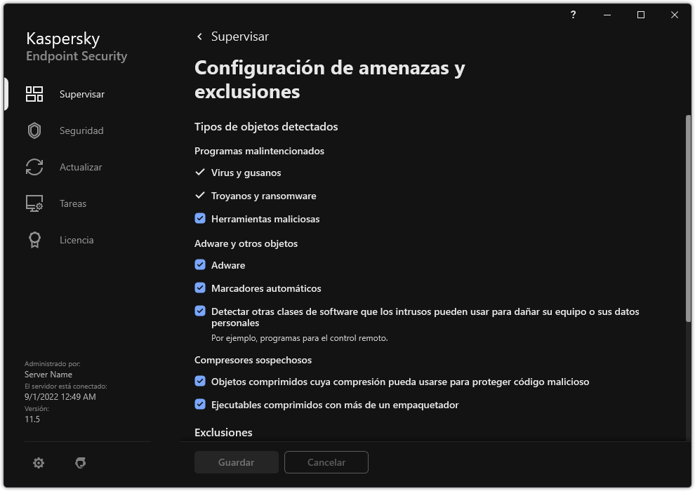 Ventana Configuración de exclusiones. El usuario puede seleccionar tipos de objetos detectados y agregar objetos a exclusiones.