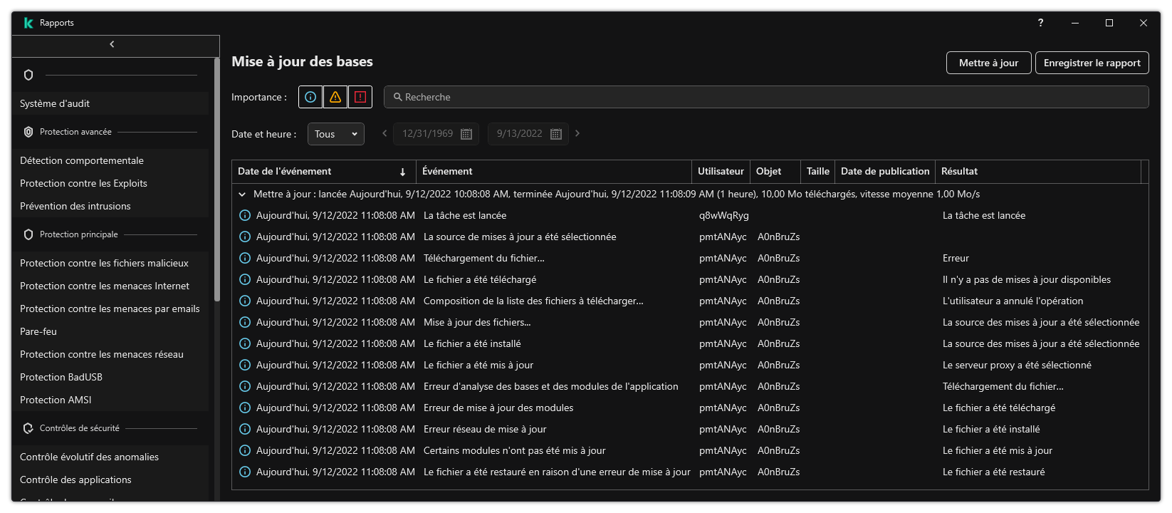 Une fenêtre avec la liste des événements dans le rapport. L'utilisateur peut filtrer/trier les événements et enregistrer les rapports dans un fichier.