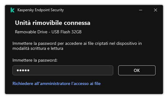 La finestra contiene un campo di immissione della password. L'utente può creare una richiesta di accesso ai file.