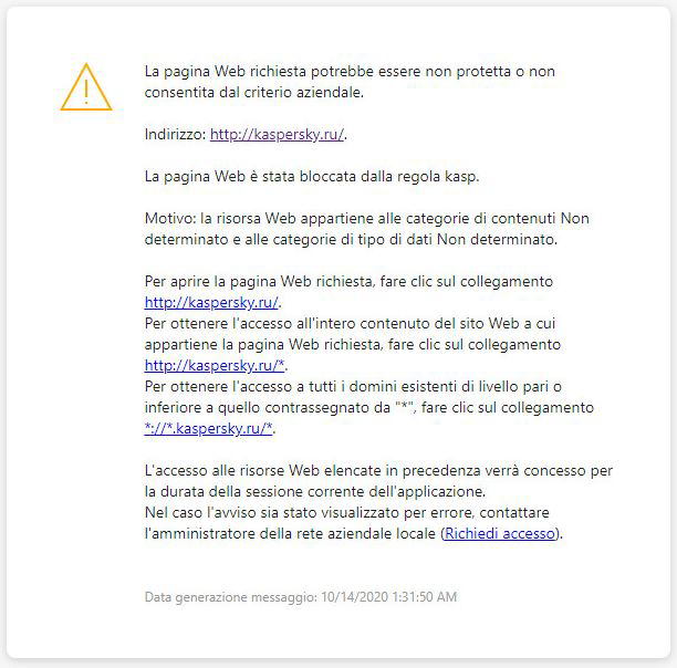Notifica di Kaspersky relativa alla visita di una pagina Web potenzialmente non sicura nella finestra del browser. L'utente può creare una richiesta per accedere alla risorsa Web.