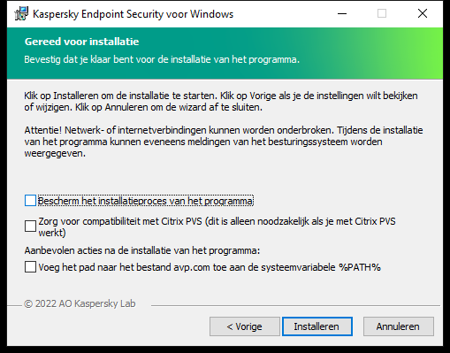 Venster met installatie-instellingen: installatiebeveiliging, compatibiliteit met Citrix PVS, systeemvariabele voor avp.com.