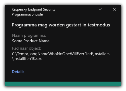 Melding dat het opstarten van het programma is toegestaan in de testmodus. De gebruiker kan gedetailleerde informatie over de regel bekijken.