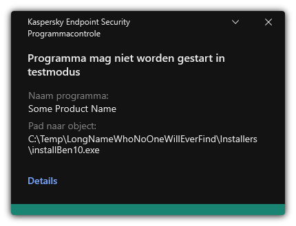 Melding dat het opstarten van het programma verboden is in de testmodus. De gebruiker kan gedetailleerde informatie over de regel bekijken.