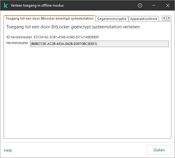 Een venster met de sleutel om de toegang tot het versleutelde systeemstation te herstellen.