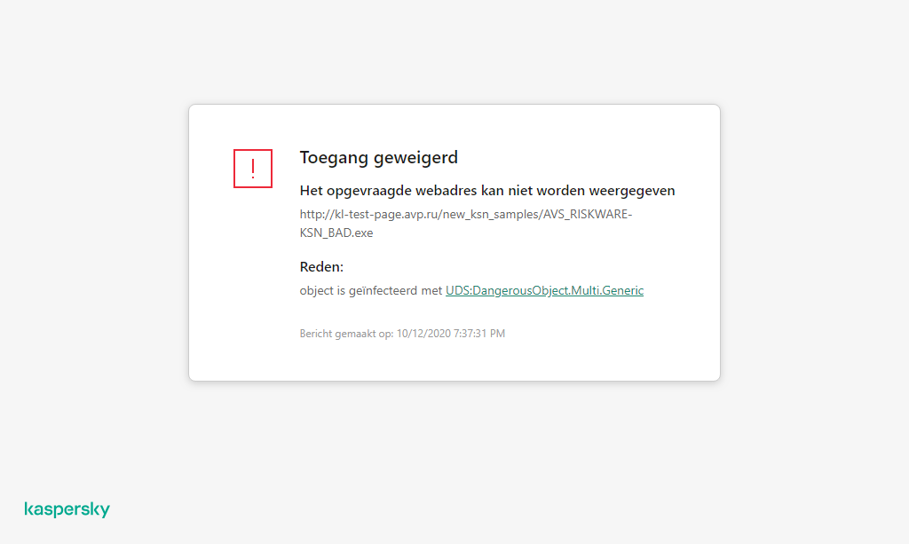 Kaspersky-melding over het voorkomen dat kwaadaardig object wordt geladen in het browservenster.