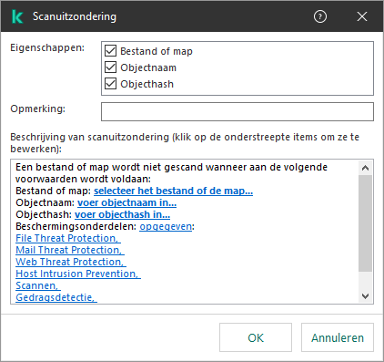 Een venster met hulpmiddelen voor selectie van uitzonderingen. De gebruiker kan een bestand of map selecteren, een objectnaam of hash invoeren.