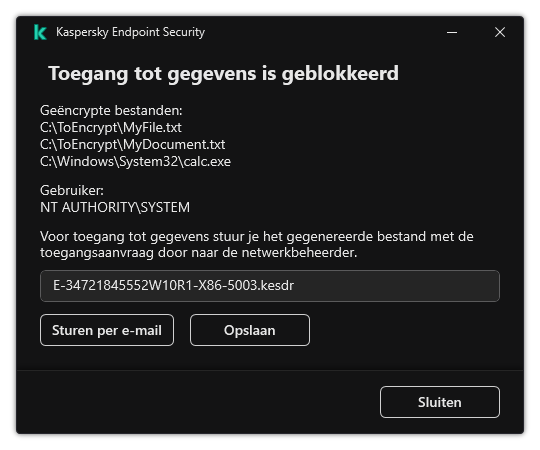 Een venster met een verzoekbestand om toegang te krijgen tot gecodeerde gegevens. De gebruiker kan het gegenereerde bestand opslaan op schijf of per e-mail verzenden.