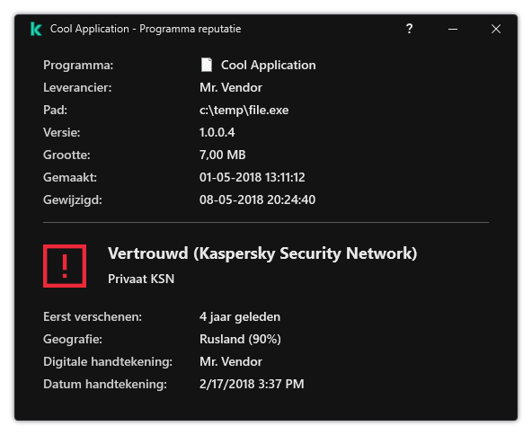 Het venster bevat informatie over de bestandsreputatie en andere gegevens, zoals de aanwezigheid van een digitale handtekening.