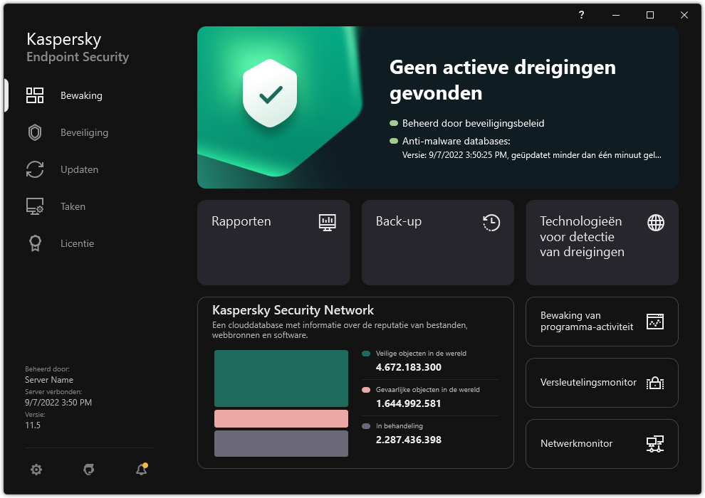 Het hoofdvenster van het programma bevat secties voor computerbeveiligingsbewaking en programmacontrole.