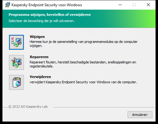 Installatievenster met een lijst met beschikbare bewerkingen: de set componenten wijzigen, het programma herstellen, het programma verwijderen.