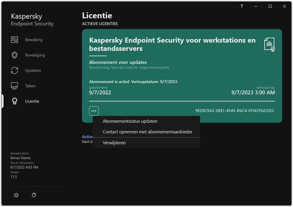 Het venster met informatie over de licentie. De gebruiker kan de abonnementsstatus bijwerken, contact opnemen met de abonnementsprovider of de licentie verwijderen.