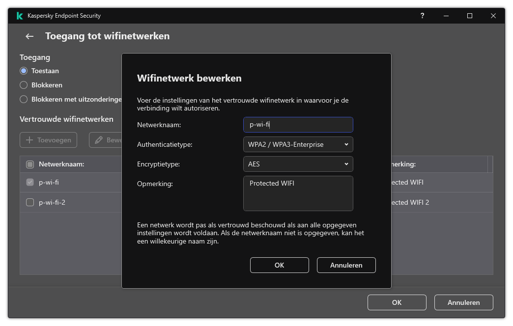 Het venster bevat de instellingen van het vertrouwde wifi-netwerk.