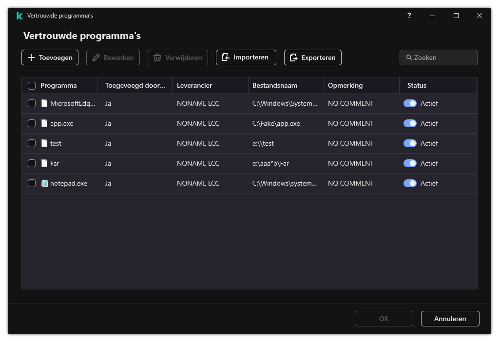 Een venster met de lijst met vertrouwde programma's. De gebruiker kan een vertrouwd programma toevoegen, bewerken of verwijderen.