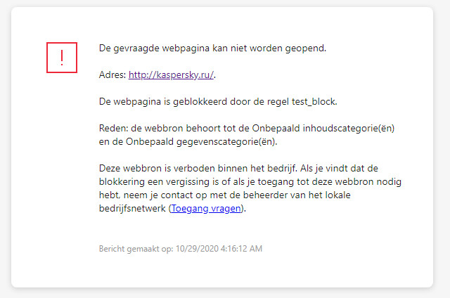 Kaspersky-melding over het blokkeren van de toegang tot de webpagina in het browservenster. De gebruiker kan een verzoek maken om de webbron te openen.