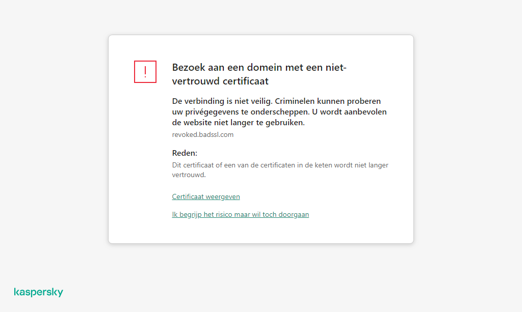 Kaspersky-melding over het bezoeken van een domein met een niet vertrouwd certificaat in het browservenster. De gebruiker kan verderwerken.