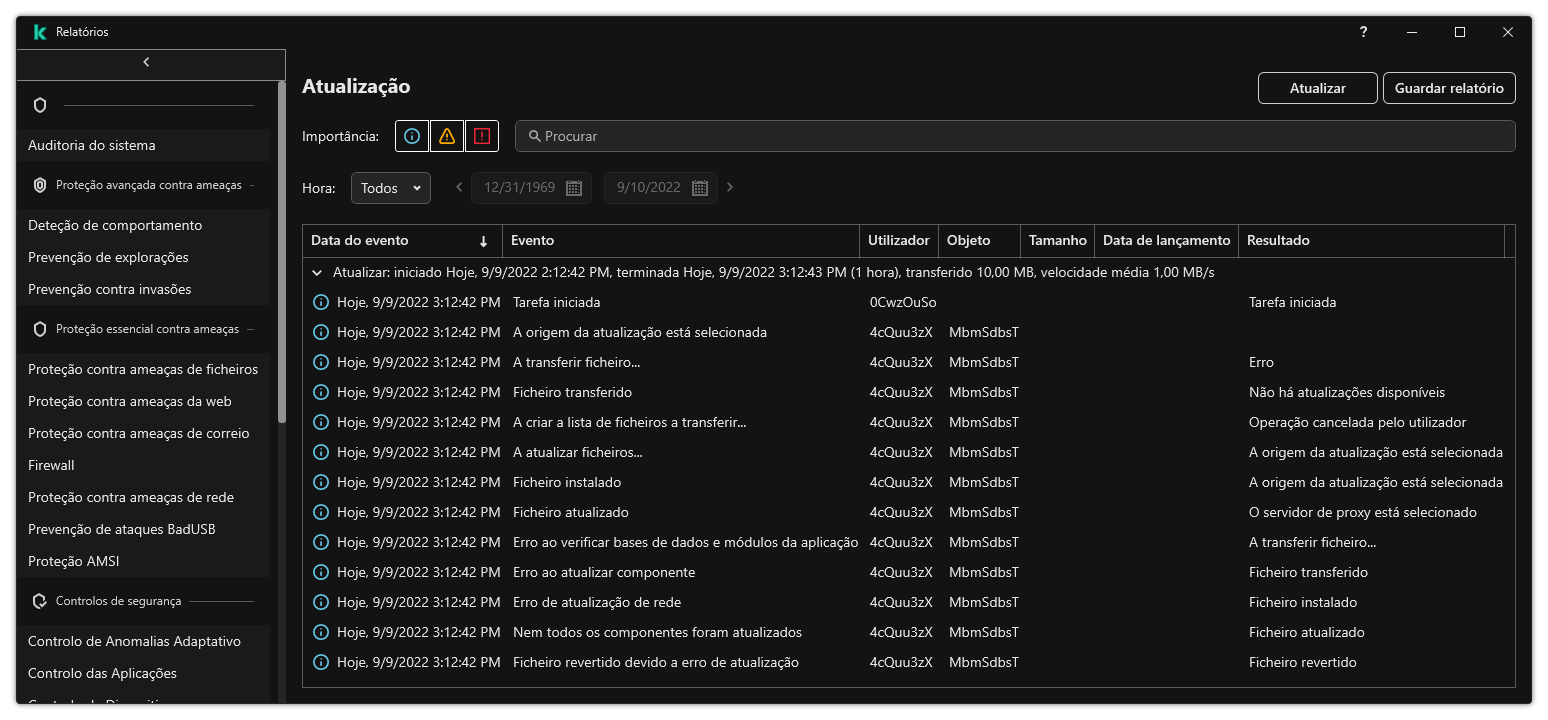 Uma janela com a lista de eventos no relatório. O utilizador pode filtrar/ordenar eventos e guardar relatórios num ficheiro.