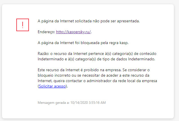 Notificação da Kaspersky sobre o bloqueio de acesso à página de Internet na janela do navegador. O utilizador pode criar um pedido para aceder ao recurso da web.
