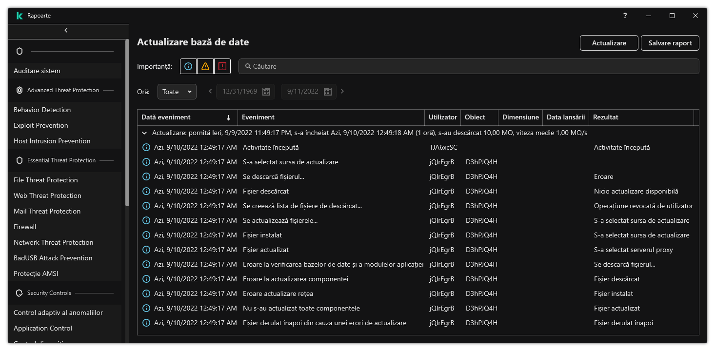 O fereastră cu lista de evenimente din raport. Utilizatorul poate filtra/sorta evenimente și poate salva rapoarte într-un fișier.