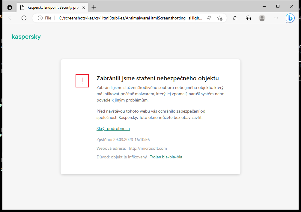 Upozornění aplikace Kaspersky na zabránění načtení škodlivého objektu v okně prohlížeče.