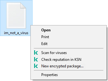 File context menu with Kaspersky items: malware scan, checking reputation in KSN, creating an encrypted archive.