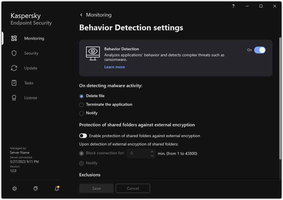 Behavior Detection settings window.
