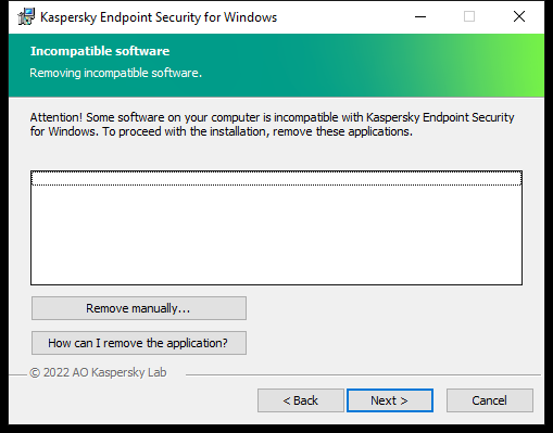 Installer window with a list of incompatible software. The user can launch the removal of incompatible software.
