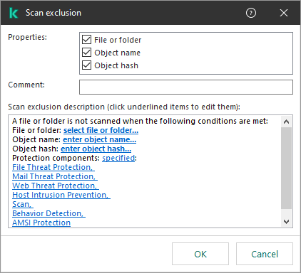 A window with exclusion selection tools. The user can select file or folder, enter an object name or hash.