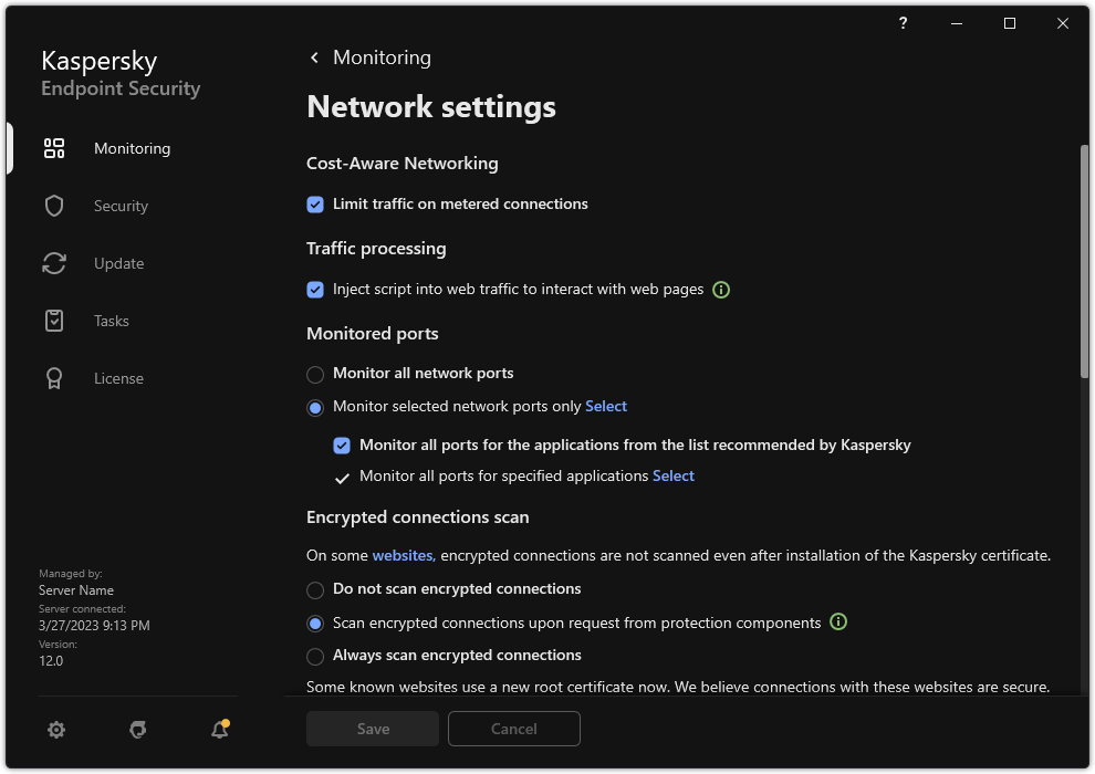Application network settings window.