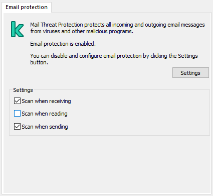 Kaspersky extension for Outlook window. The user can configure messages to be scanned when received, read or sent.