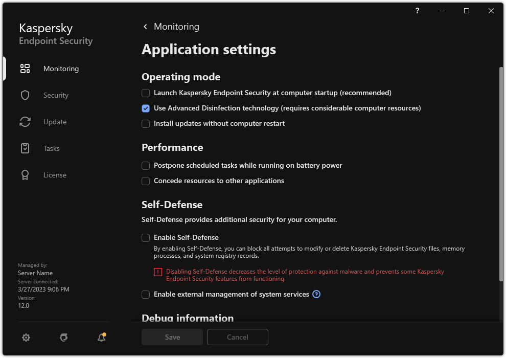 Application settings window. The user can configure performance, self-defense and other settings.