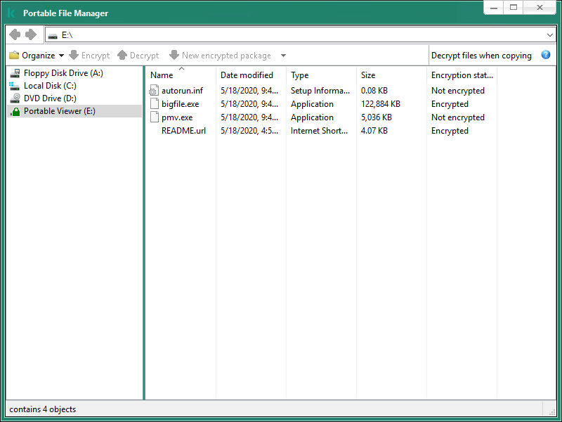 Portable File Manager window. The user can encrypt/decrypt files or create an encrypted archive.