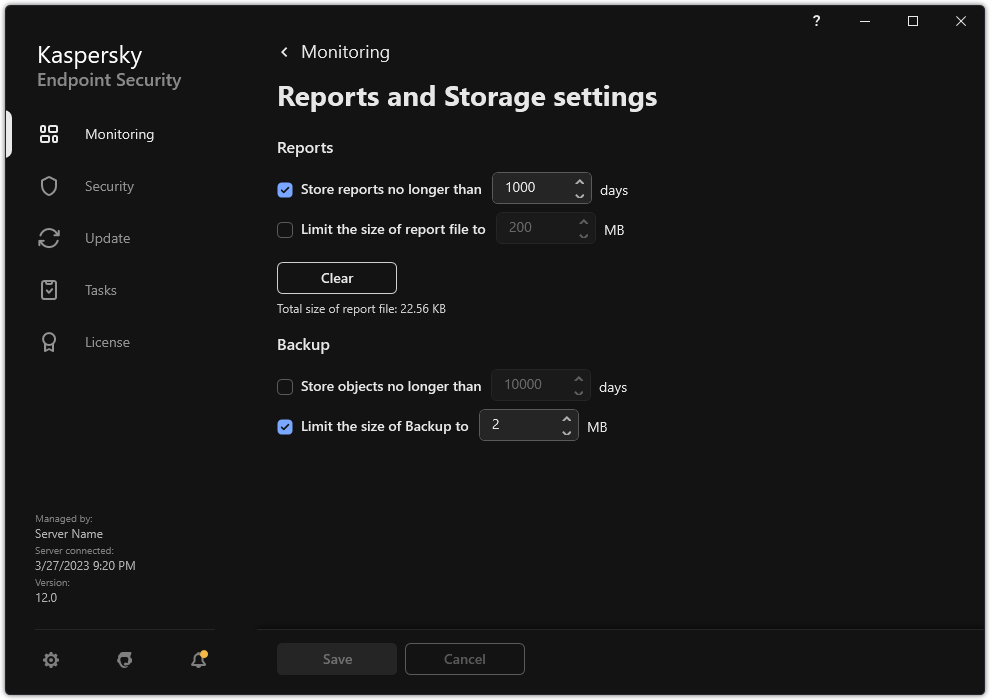 Reports and Storage settings window. The user can set the size and limit the storage time of reports and objects in the repository.