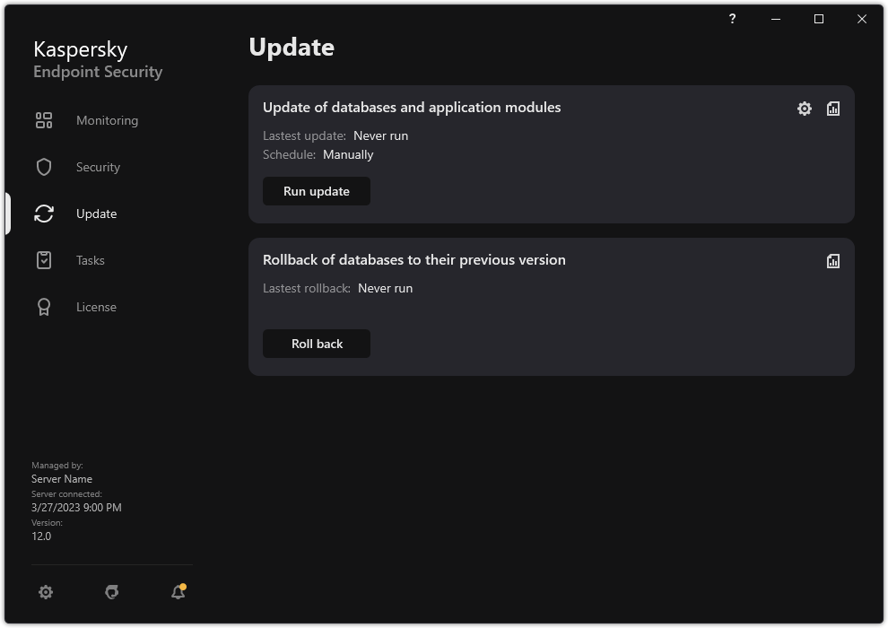 A window with the list of local update tasks. The user can start the update of databases and application modules, as well as roll back the last update.
