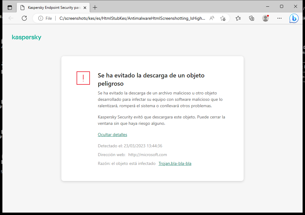 Notificación de Kaspersky sobre cómo evitar que un objeto malicioso se cargue en la ventana del navegador.