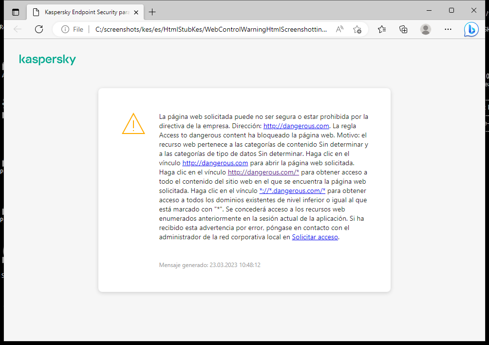 Notificación de Kaspersky sobre la visita a una página web potencialmente no segura en la ventana del navegador. El usuario puede crear una solicitud para acceder al recurso web.