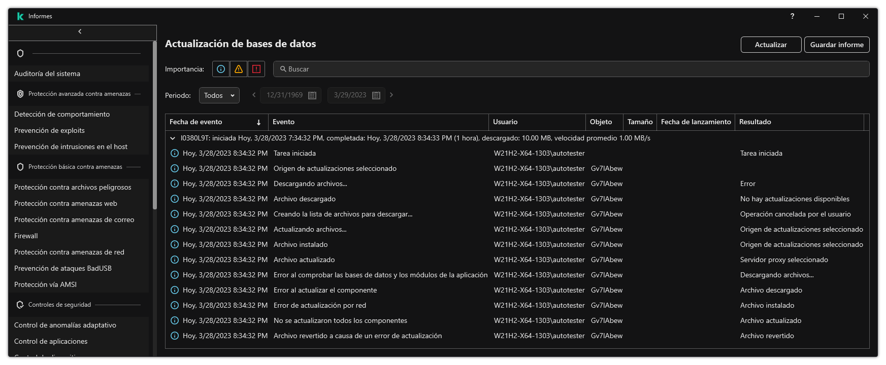 Una ventana con la lista de eventos en el informe. El usuario puede filtrar/ordenar eventos y guardar informes en un archivo.