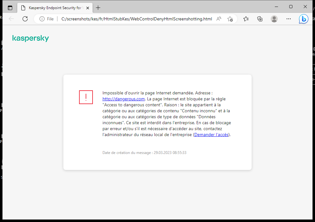 Notification de Kaspersky sur l'interdiction d'accès à la page Internet dans la fenêtre du navigateur. L'utilisateur peut créer une demande d'accès à la ressource Internet.