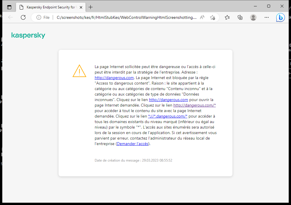 Notification de Kaspersky concernant la visite d'une page Internet potentiellement non sécurisée dans la fenêtre du navigateur. L'utilisateur peut créer une demande d'accès à la ressource Internet.