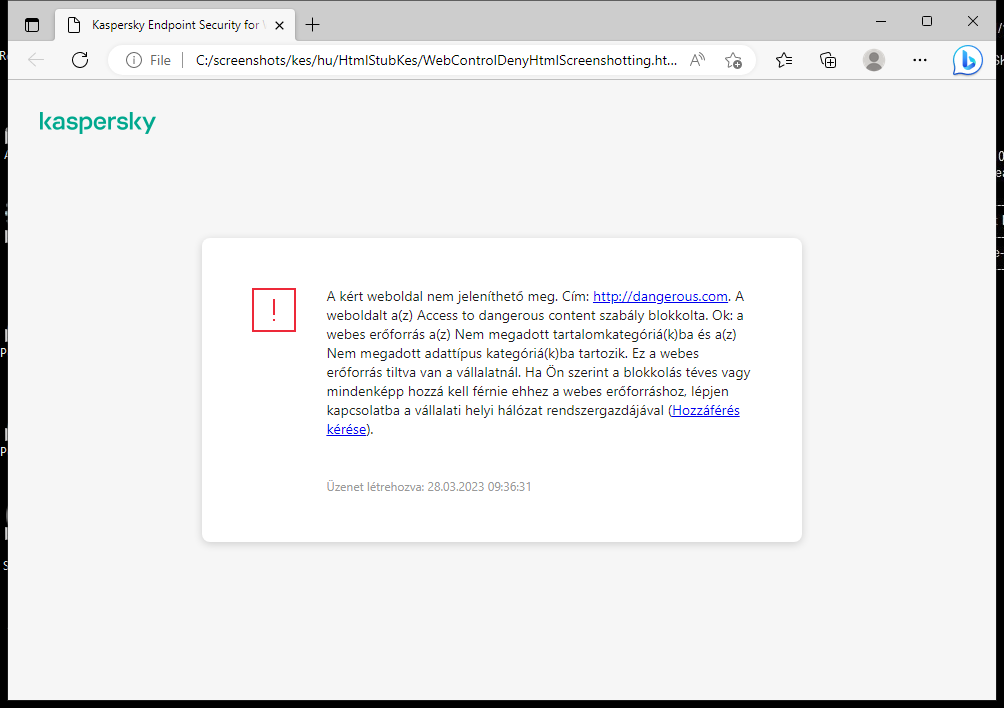 A Kaspersky értesítése a weboldalhoz való hozzáférés letiltásával kapcsolatban a böngészőablakban. A felhasználó kérést hozhat létre a webes erőforrás eléréséhez.